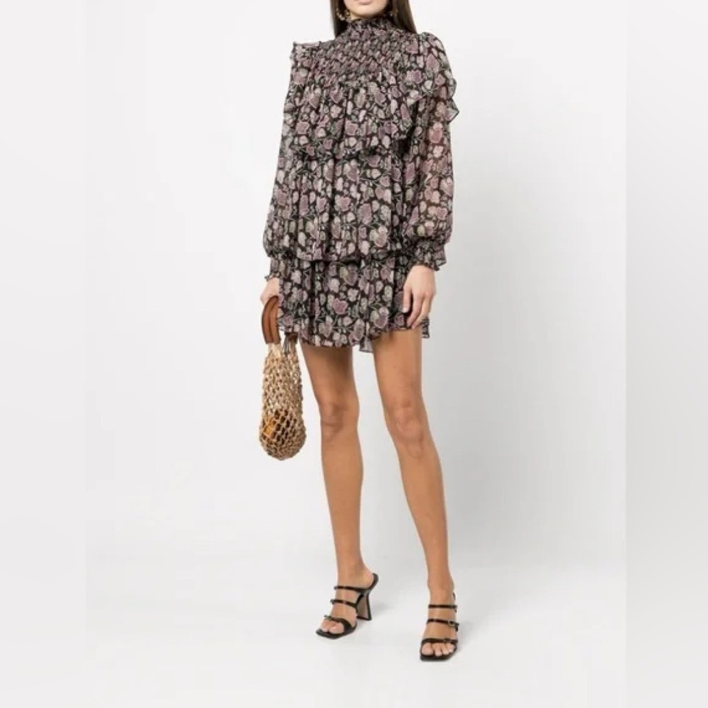Cinq A Sept Drew Georgette Smock Ruffle Mini Dress Size 0 Black Pink